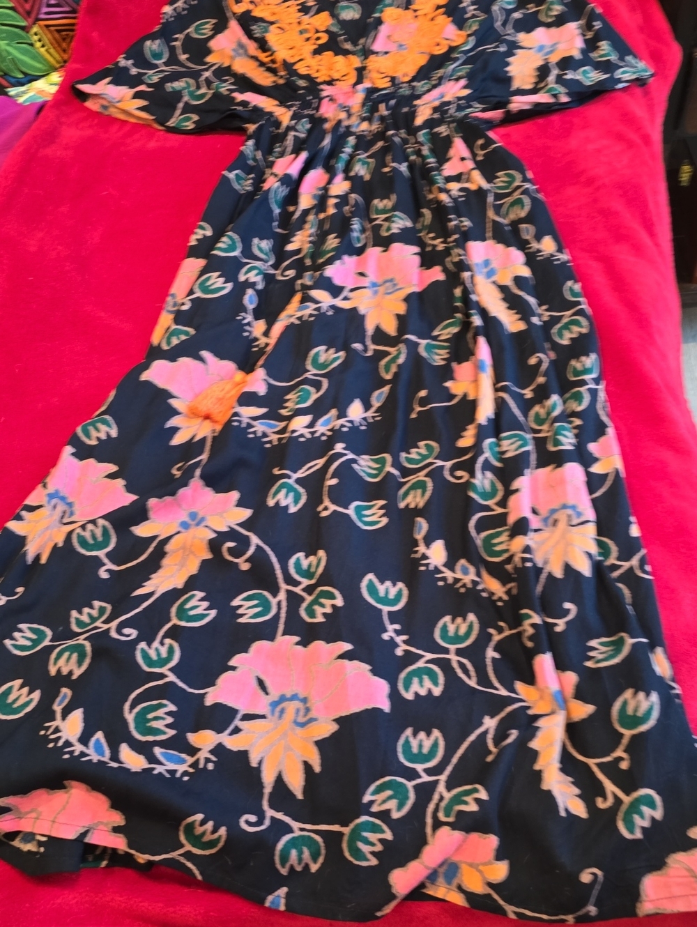 Cost Plus World Market Navy Maxi Dress with Pink & Orange Floral Print
